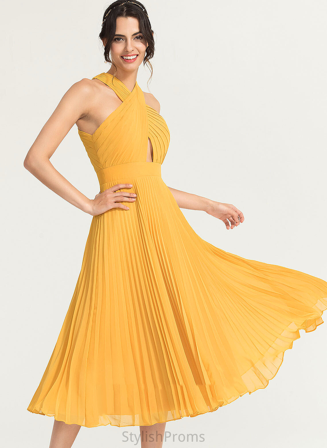 Tea-Length Yamilet With Pleated Cocktail Cocktail Dresses V-neck Dress A-Line Chiffon