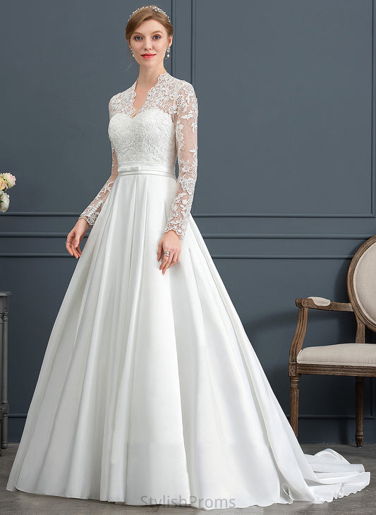 Dress Bow(s) Satin Court Train V-neck With Wedding Dresses Wedding Ball-Gown/Princess Lace Lorelai