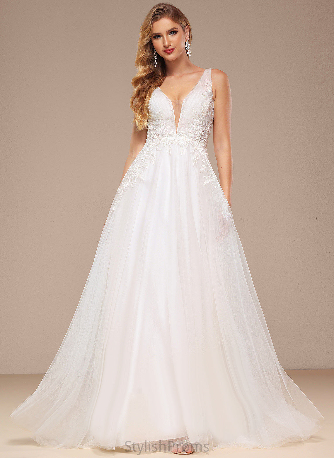 Sweep Tulle Bridget A-Line Train Lace Wedding With Sequins Wedding Dresses Dress V-neck