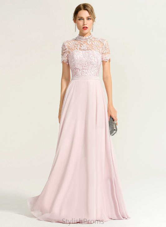 A-Line Illusion Neckline Length HighNeck Lace Silhouette Straps&Sleeves Fabric Floor-Length Saige Floor Length Bridesmaid Dresses