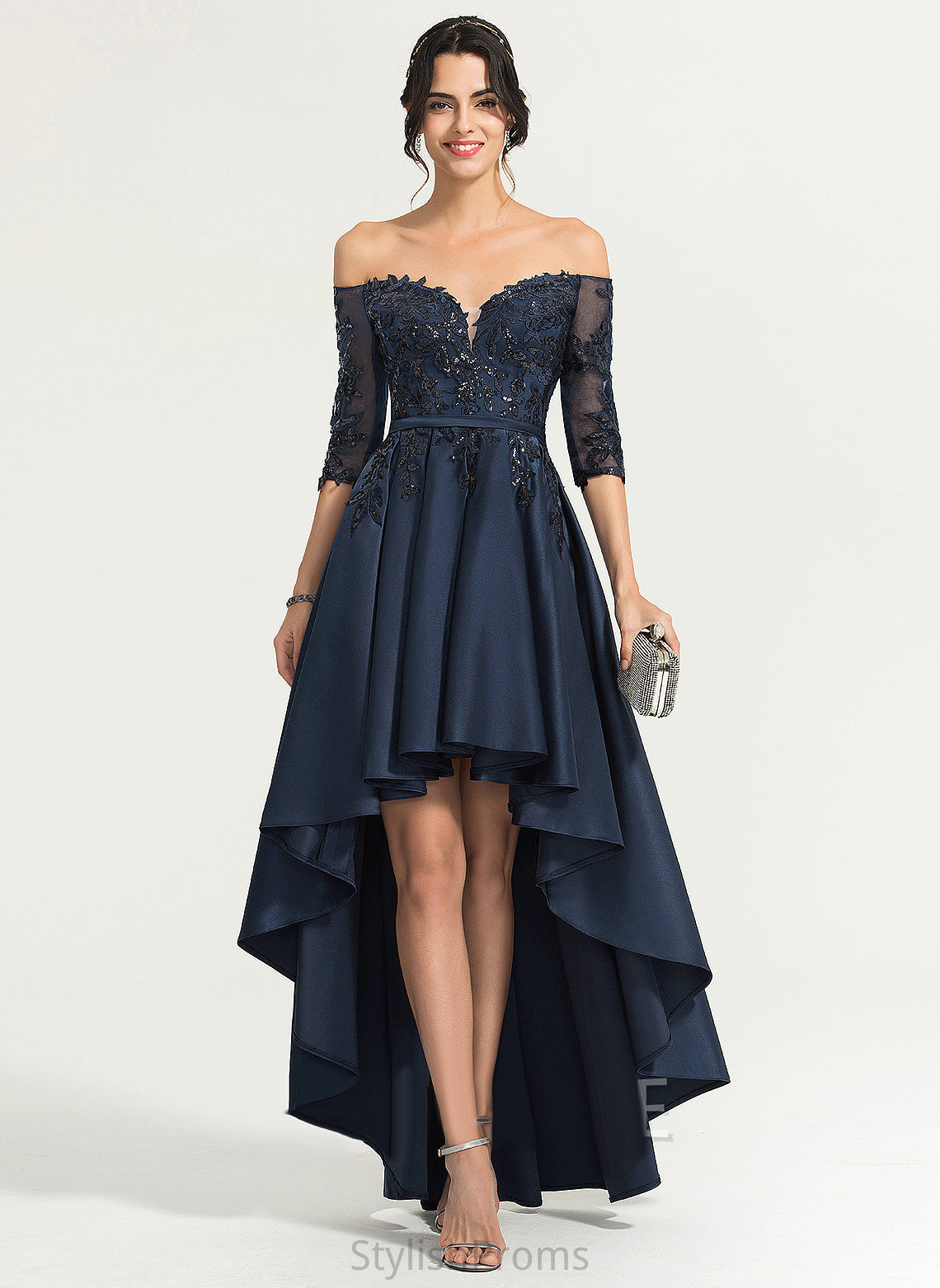 Satin Off-the-Shoulder Asymmetrical A-Line Lace Amaya Prom Dresses