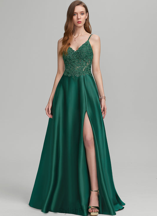 A-Line Floor-Length Prom Dresses Lace Satin V-neck Katelynn