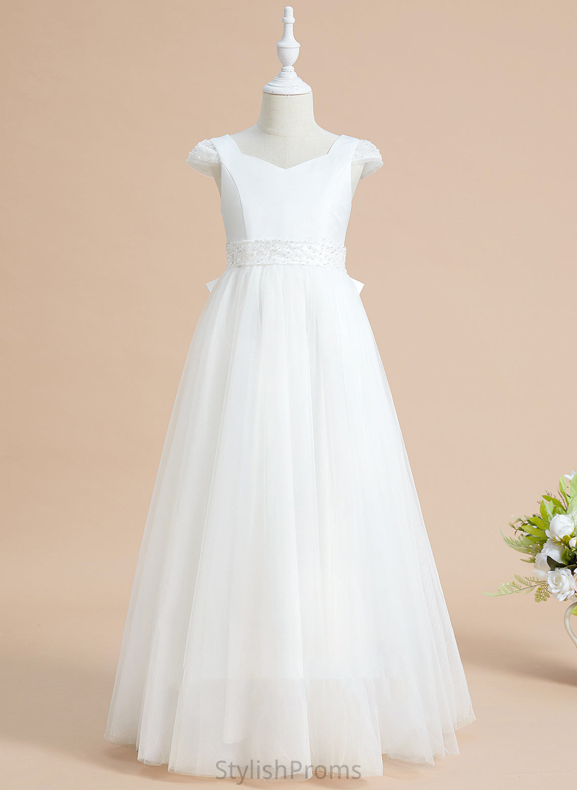 With Short - Flower Dress Flower Girl Dresses Ball-Gown/Princess Satin/Tulle Girl Floor-length Lyla Sleeves V-neck Beading/Bow(s)