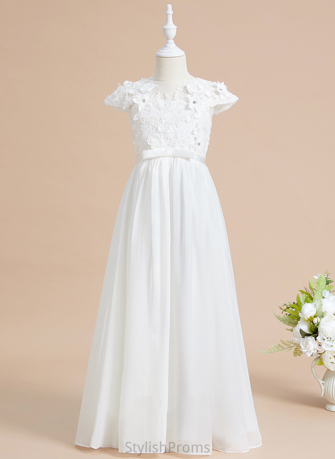 Kit Dress Scoop Girl A-Line Flower Neck Chiffon/Lace Flower(s) Flower Girl Dresses Floor-length Sleeves - With Short