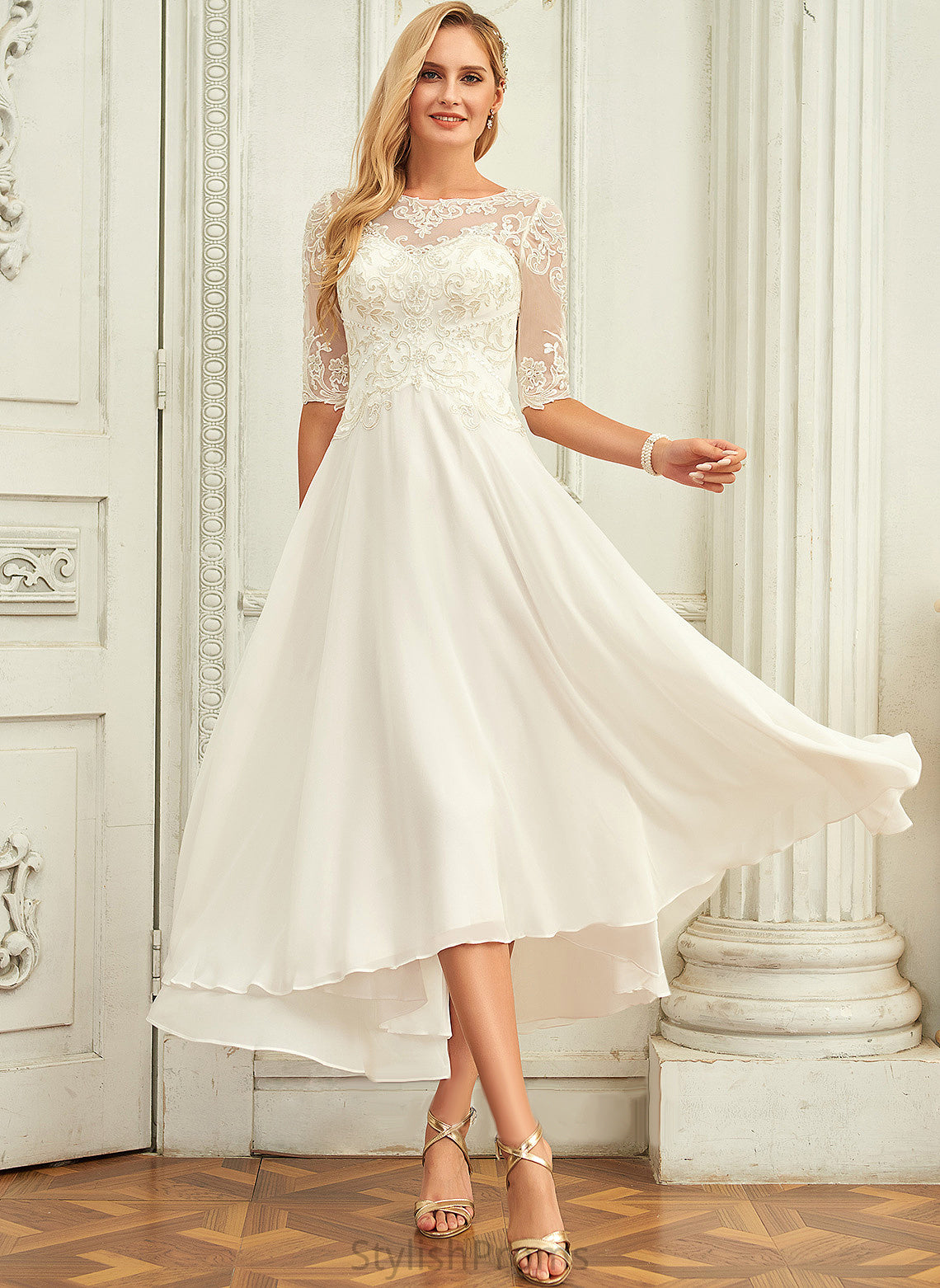 Lace Scoop Neck A-Line Chiffon Wedding Dresses Wedding With Sequins Asymmetrical Beading Dress Ruby