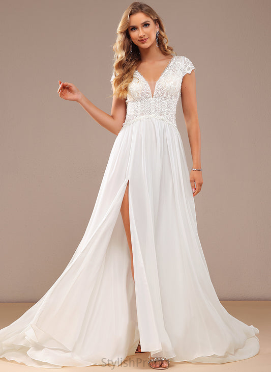 Chiffon Lace Split With Wedding Dresses Wedding Front Train Lace Sweep V-neck Dress A-Line Destiny