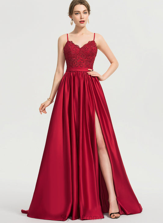 With Train V-neck Beading Lace Sequins Carley Ball-Gown/Princess Sweep Prom Dresses Satin