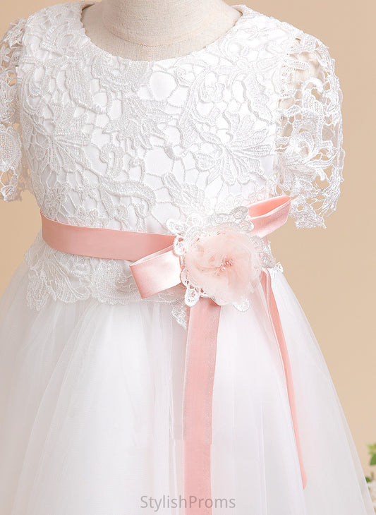 Sash/Flower(s) Short Girl With Tulle/Lace Neck Flower Dress Scoop Anaya Sleeves Knee-length Flower Girl Dresses - A-Line