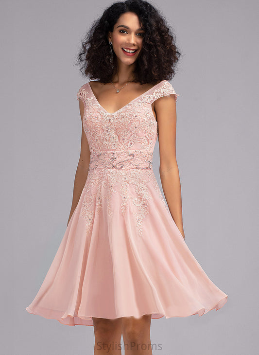 Chiffon A-Line Lace V-neck Cocktail Cocktail Dresses Gwen Knee-Length Dress With Beading Lace