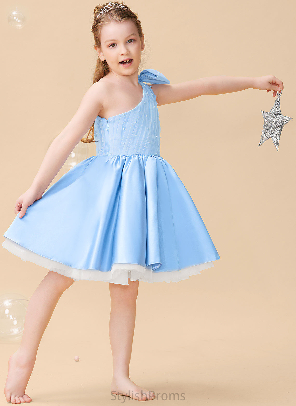 Logan Dress Beading/Bow(s) Knee-length Flower With Sleeveless Girl - Satin/Tulle A-Line One-Shoulder Flower Girl Dresses