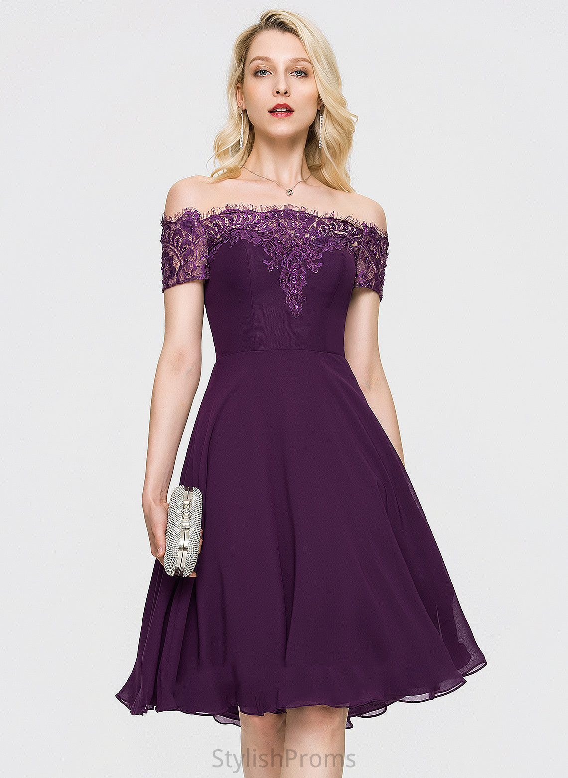 Lace Dress With Beading Off-the-Shoulder Lace Kendal Chiffon Cocktail Knee-Length Cocktail Dresses A-Line