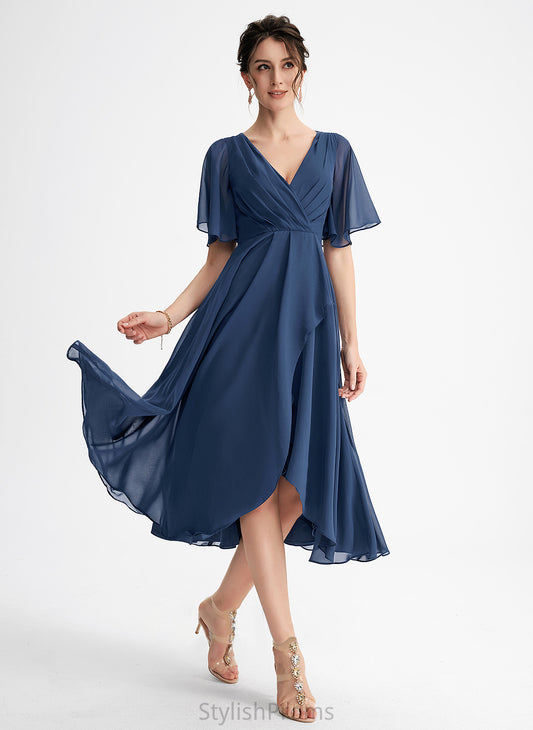 A-Line Asymmetrical Evangeline V-neck Cocktail Dresses Chiffon With Dress Ruffle Cocktail