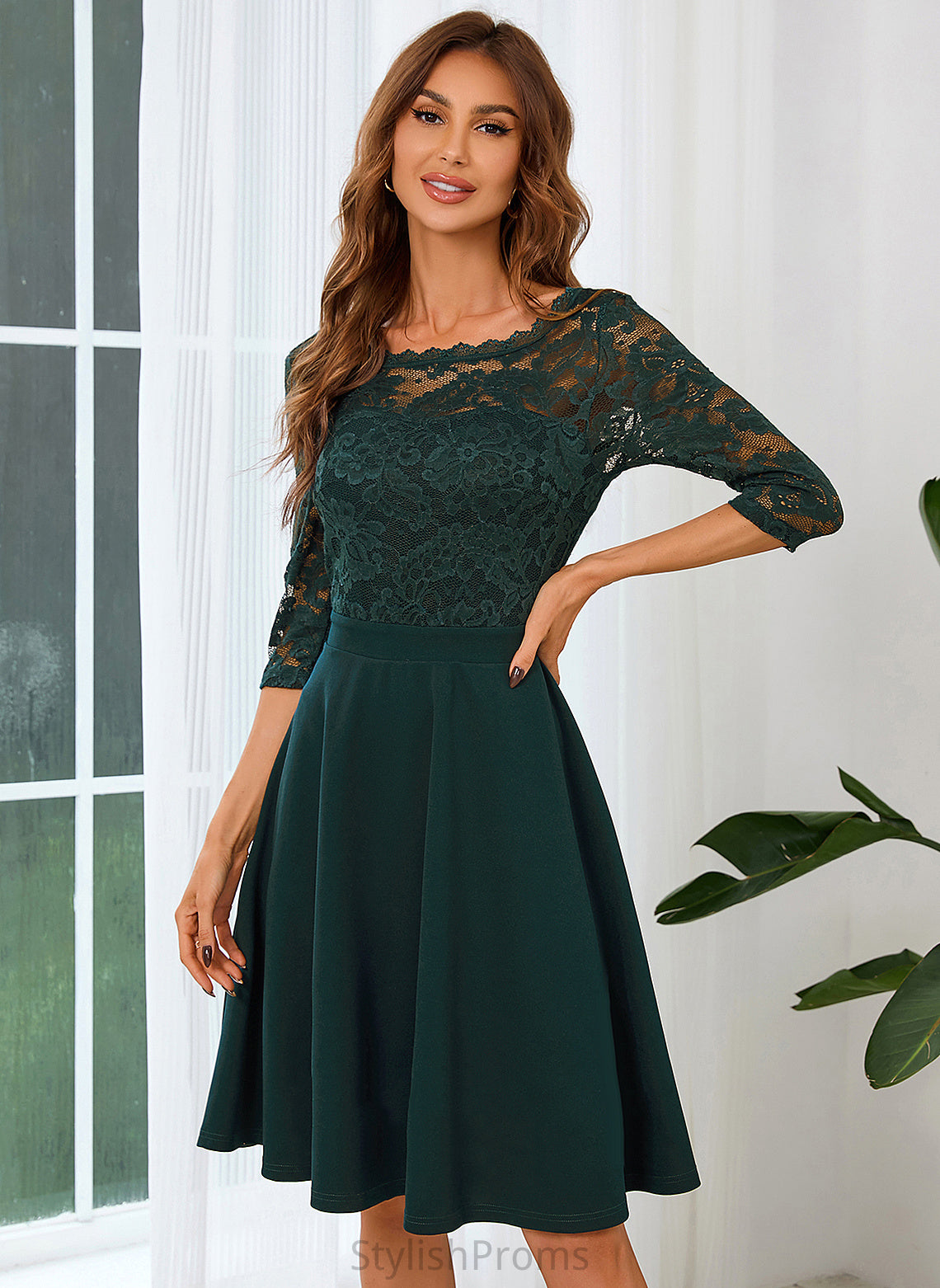 Elegant Blends A-line Dresses Lace Sleeves Club Dresses 3/4 Round Lailah Cotton Neck Mini