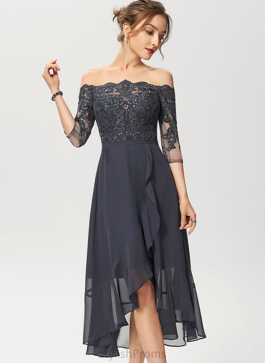 Asymmetrical A-Line Sequins Chiffon Cocktail Lace Dress Stephany Off-the-Shoulder With Cocktail Dresses