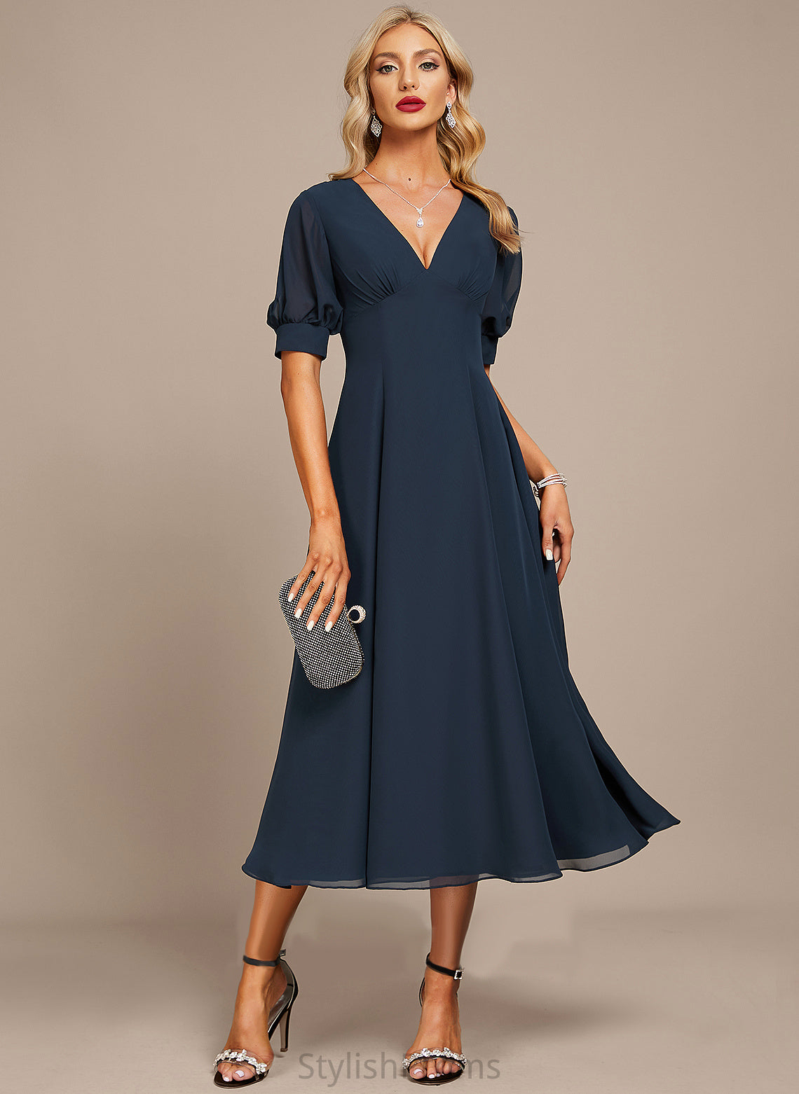 Cocktail V-neck Dress Tea-Length Meredith A-Line Chiffon Cocktail Dresses With Ruffle