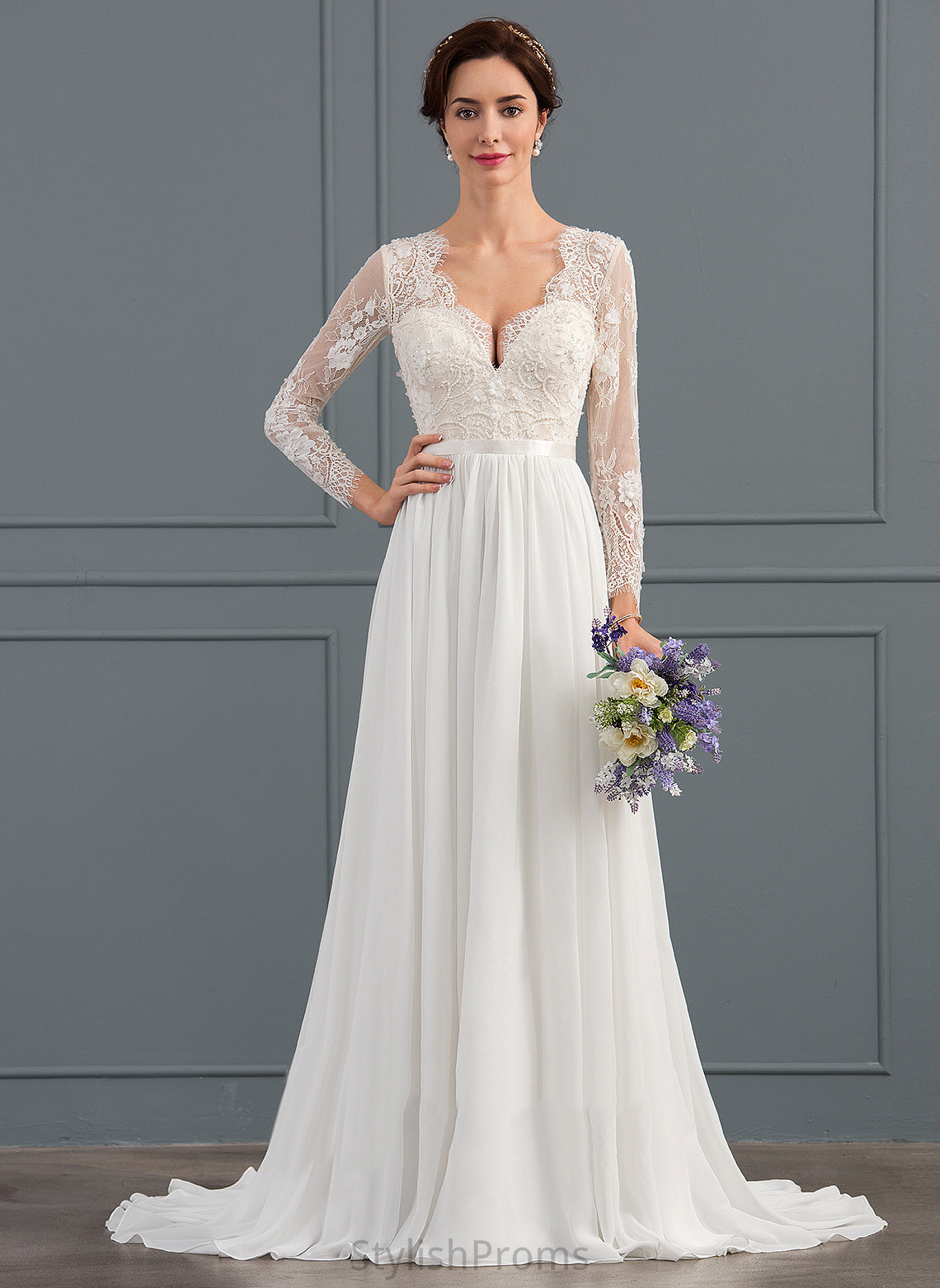 With Sweep Beading Dress A-Line Chiffon Wedding Dresses Train Lace Wedding Stella V-neck Sequins