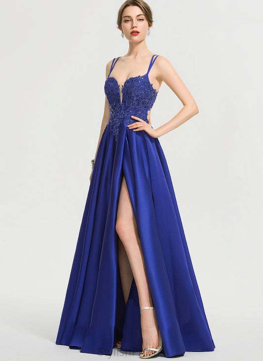 Lace With Sequins Floor-Length Prom Dresses V-neck Satin Amiya Ball-Gown/Princess