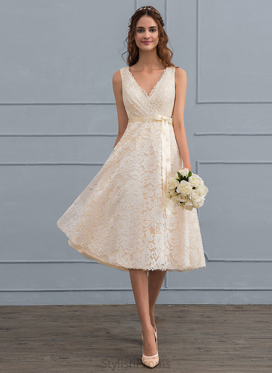 V-neck A-Line Jamiya Wedding Knee-Length Lace Bow(s) Dress With Wedding Dresses