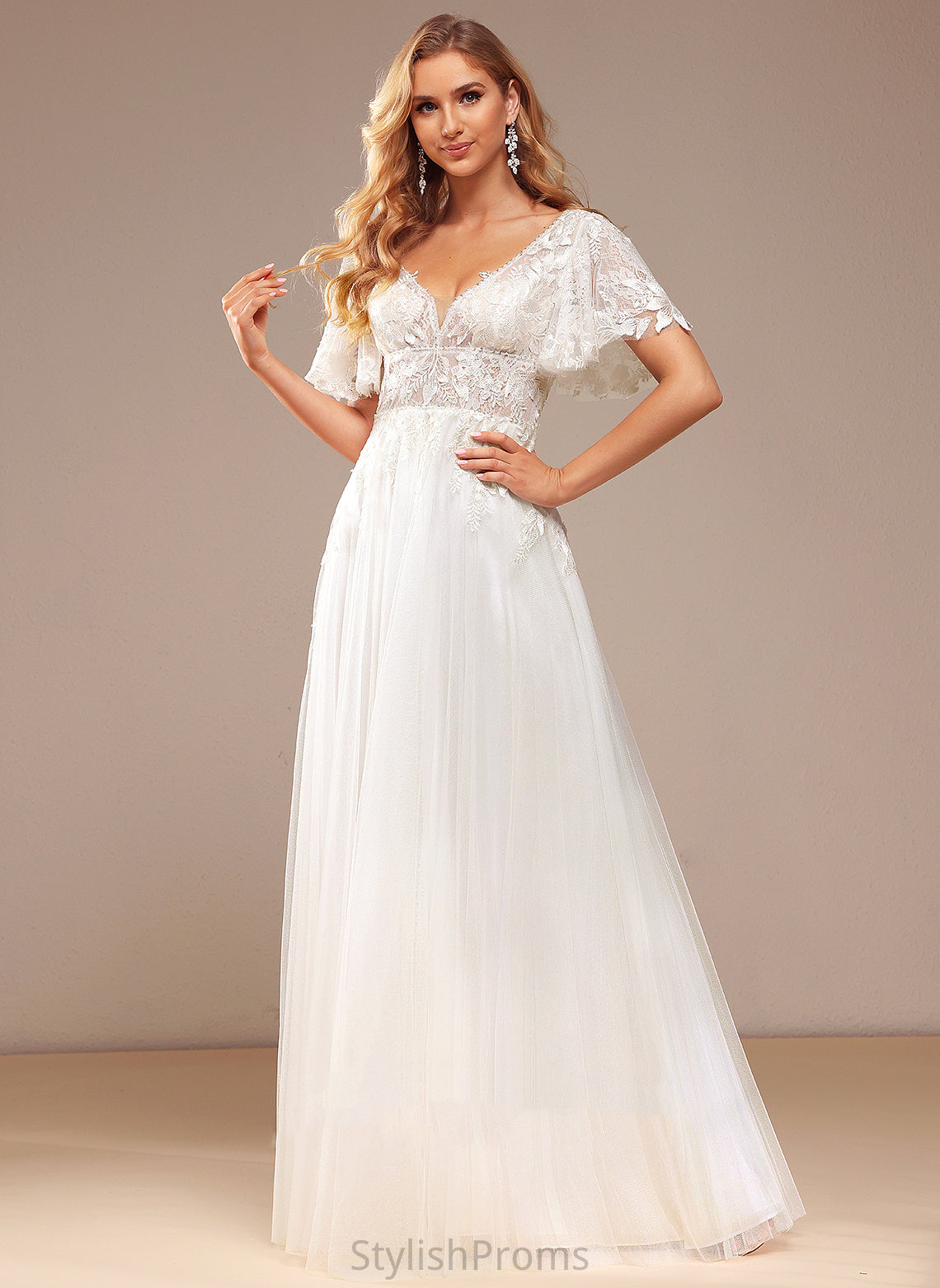 Beading Floor-Length Lace Lace Dress V-neck Wedding Tulle A-Line Wedding Dresses Sequins Ashley With