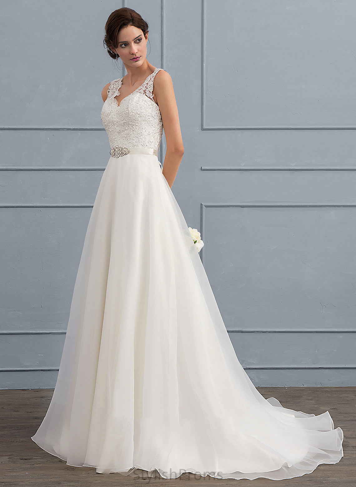 Dress V-neck With Arabella Wedding Lace Beading Organza Train Bow(s) Sweep A-Line Wedding Dresses