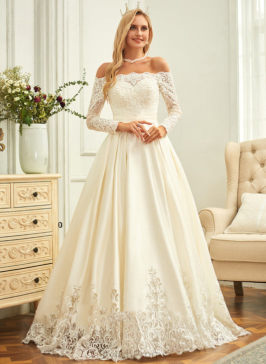 Beading Sequins Dress Wedding Dresses Sweep Wedding Satin Ball-Gown/Princess Abigayle Train Off-the-Shoulder With Lace