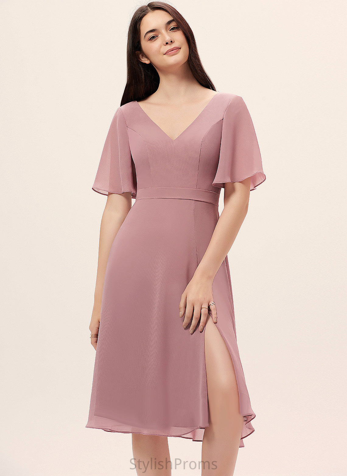 Split Chiffon Cocktail V-neck A-Line Dress Cocktail Dresses Frances Front With Knee-Length