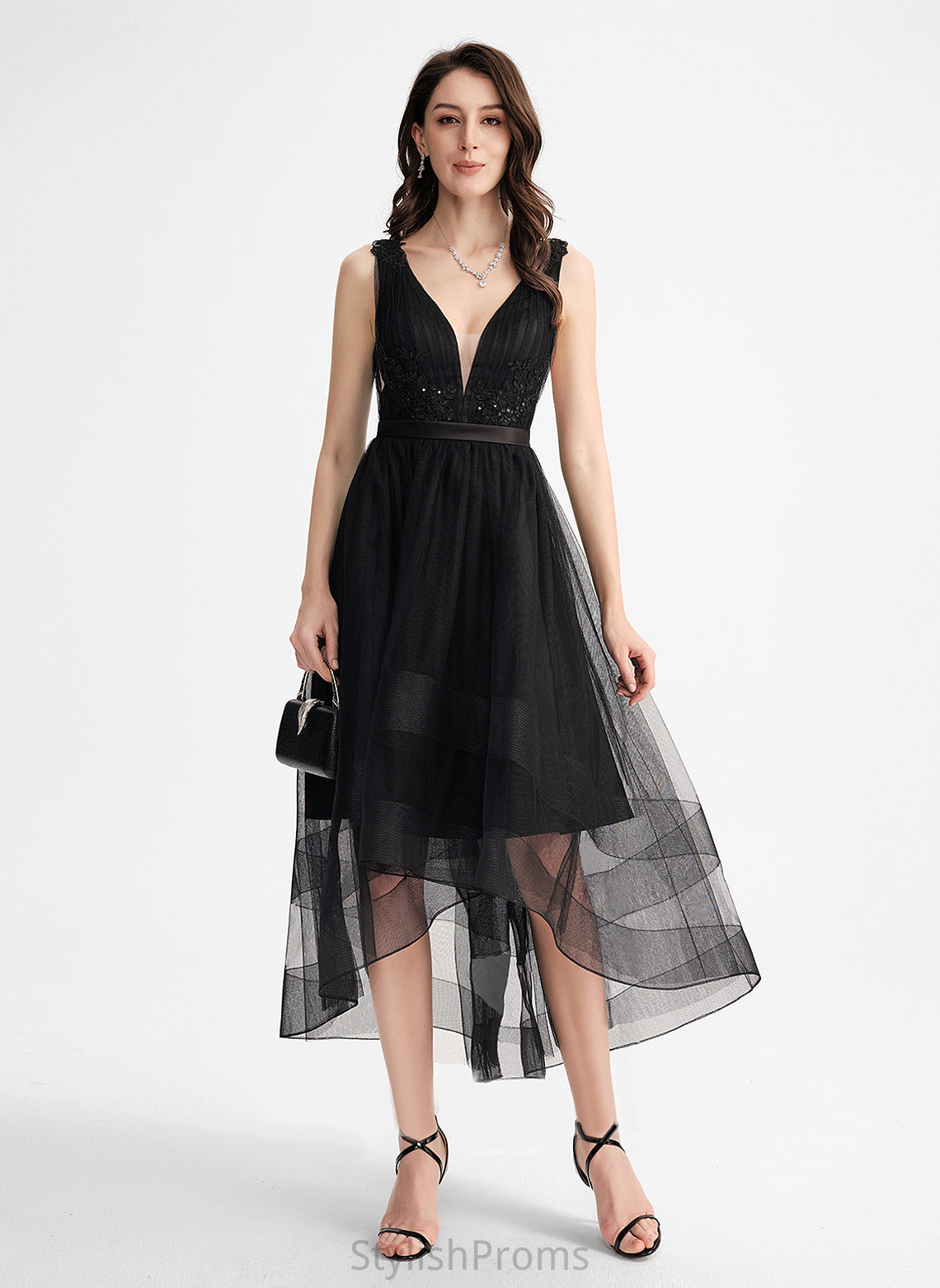 V-neck Tulle Cocktail Dresses A-Line Sequins Lace Asymmetrical With Cocktail Dress Sharon