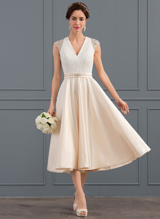 Beading Dress Tea-Length With Wedding Dresses Olympia Satin Lace A-Line V-neck Sequins Wedding