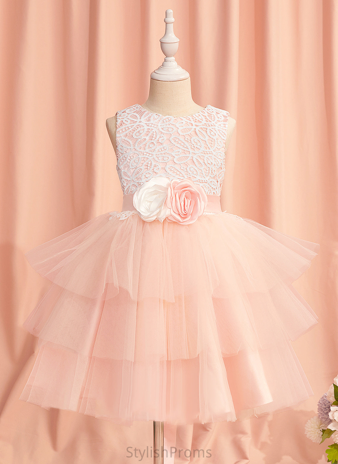 Flower With Satin/Tulle Clara Girl Dress Neck Ball-Gown/Princess Knee-length Flower Girl Dresses - Sleeveless Hole Scoop Lace/Flower(s)/Back