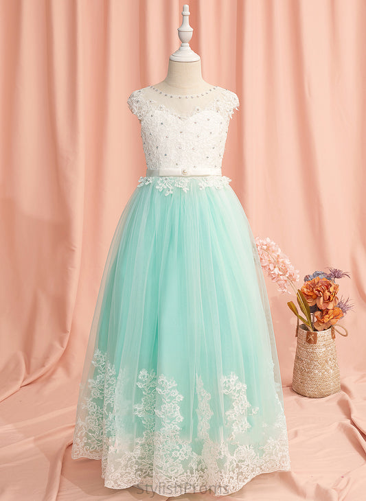 Mackenzie Tulle With Flower Neck Dress - Sleeveless Back Scoop Lace/Beading/Bow(s)/V Floor-length Ball-Gown/Princess Flower Girl Dresses Girl