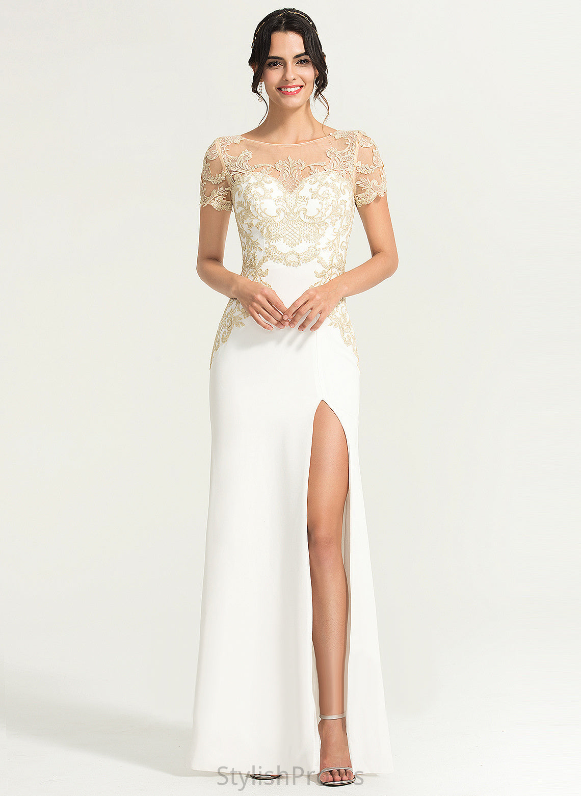 Essence Wedding Crepe Sheath/Column Lace Dress Scoop Stretch Wedding Dresses Floor-Length