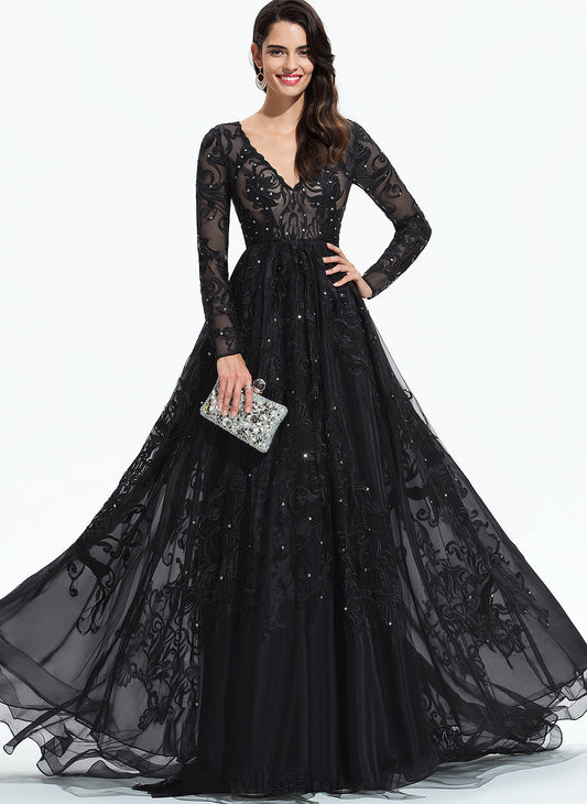 Sequins Train V-neck Ball-Gown/Princess With Tulle Prom Dresses Lace Leila Sweep