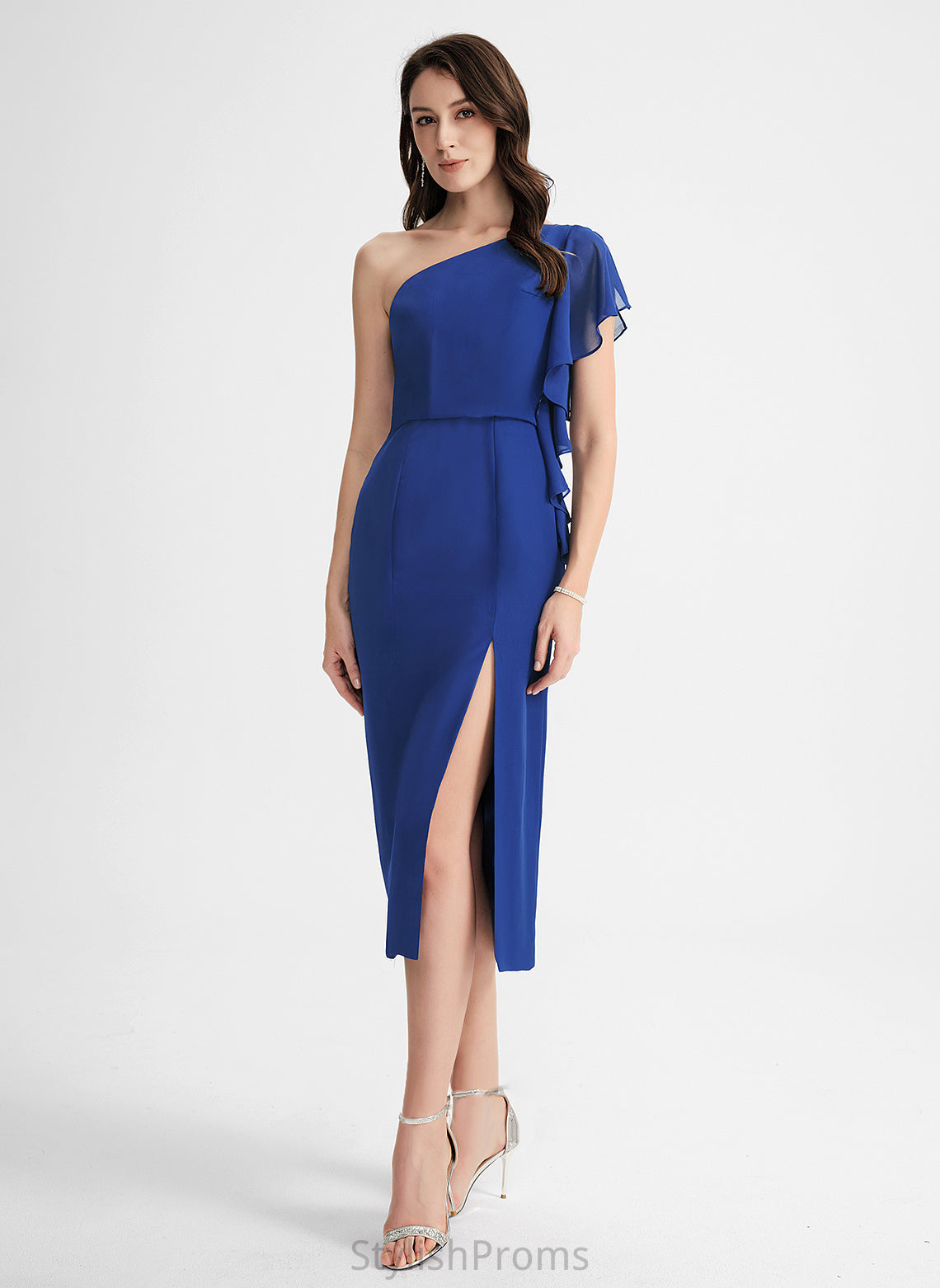 Cocktail Dresses Ruffle One-Shoulder Sheath/Column Tea-Length Harriet Chiffon Cocktail Dress With