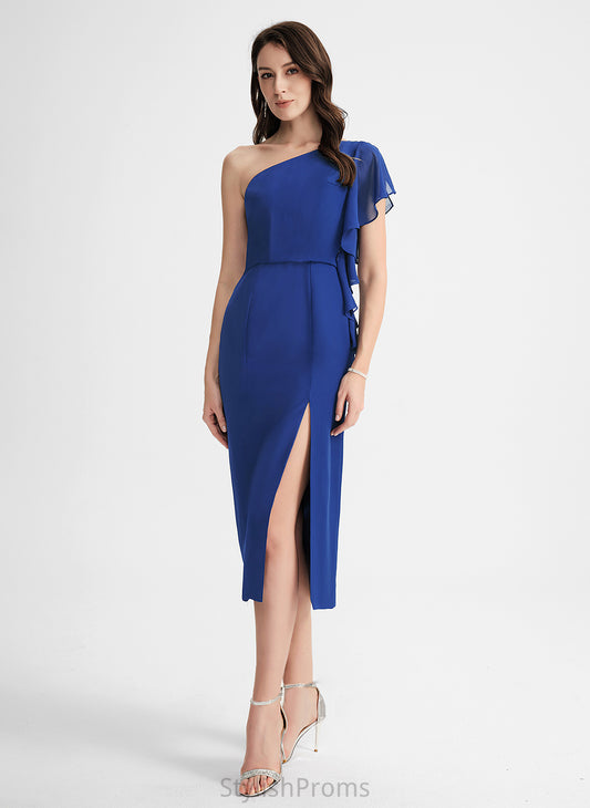 Cocktail Dresses Ruffle One-Shoulder Sheath/Column Tea-Length Harriet Chiffon Cocktail Dress With