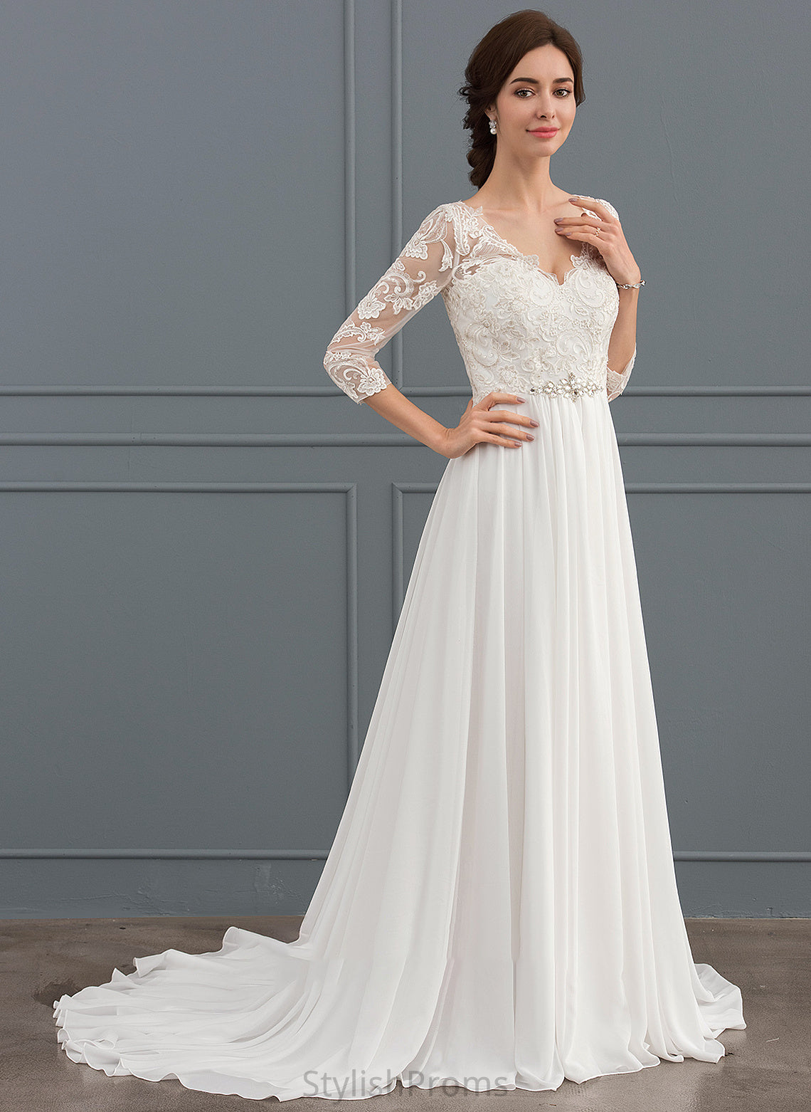 With Lilian V-neck Sequins Beading Wedding Dresses Chiffon Dress A-Line Wedding Train Lace Sweep