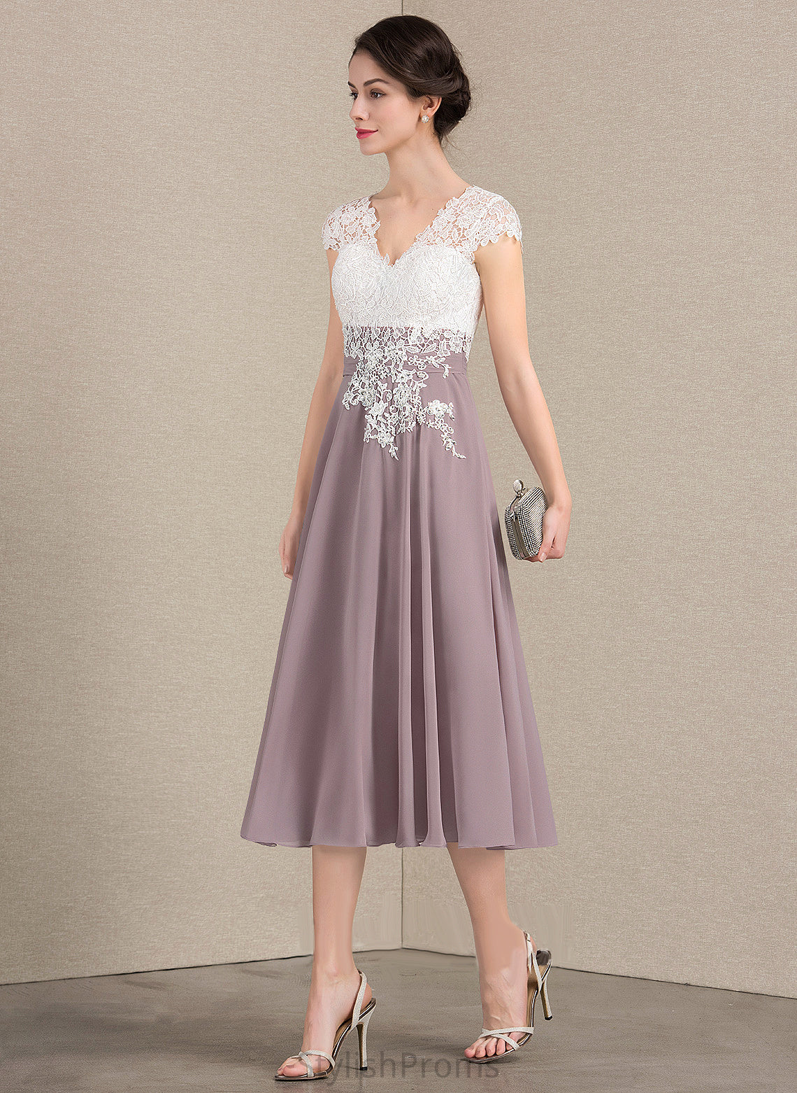 Cocktail V-neck Dress Tea-Length Briana Lace Cocktail Dresses A-Line Chiffon