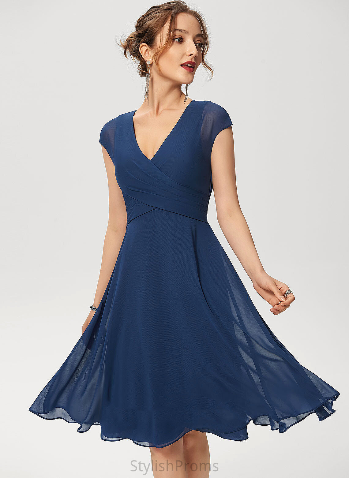 Ruffle Chiffon Cocktail A-Line Sahna Dress V-neck With Cocktail Dresses Knee-Length