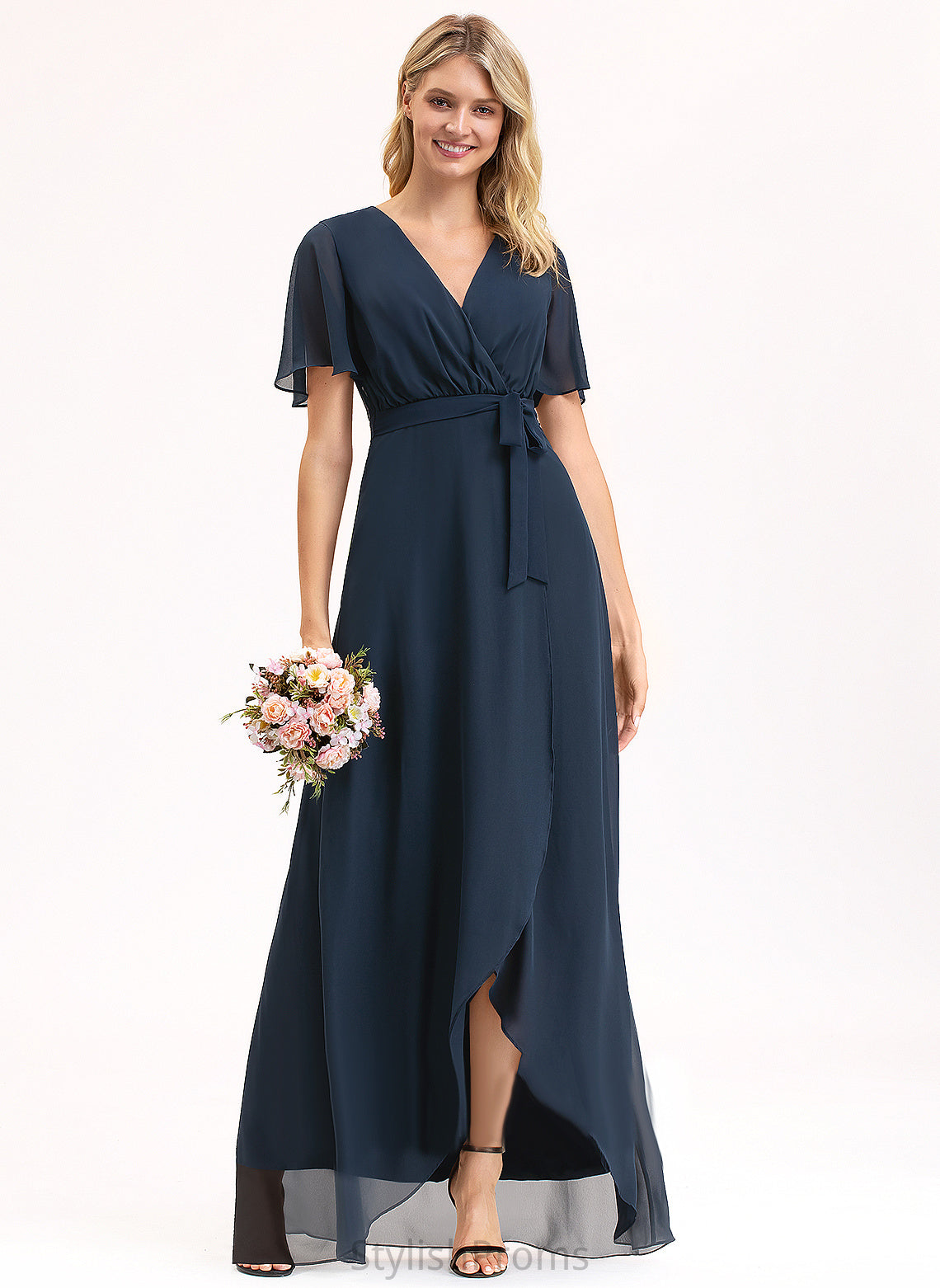 Cocktail V-neck Cocktail Dresses With Asymmetrical A-Line Bow(s) Jackie Chiffon Dress