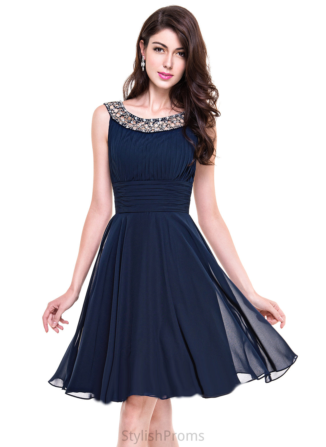 Neck Xiomara With Cocktail Dresses Scoop Dress Ruffle Knee-Length Chiffon A-Line Beading Cocktail