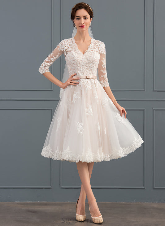 Tulle A-Line With Bow(s) Knee-Length V-neck Wedding Alannah Dress Wedding Dresses Lace