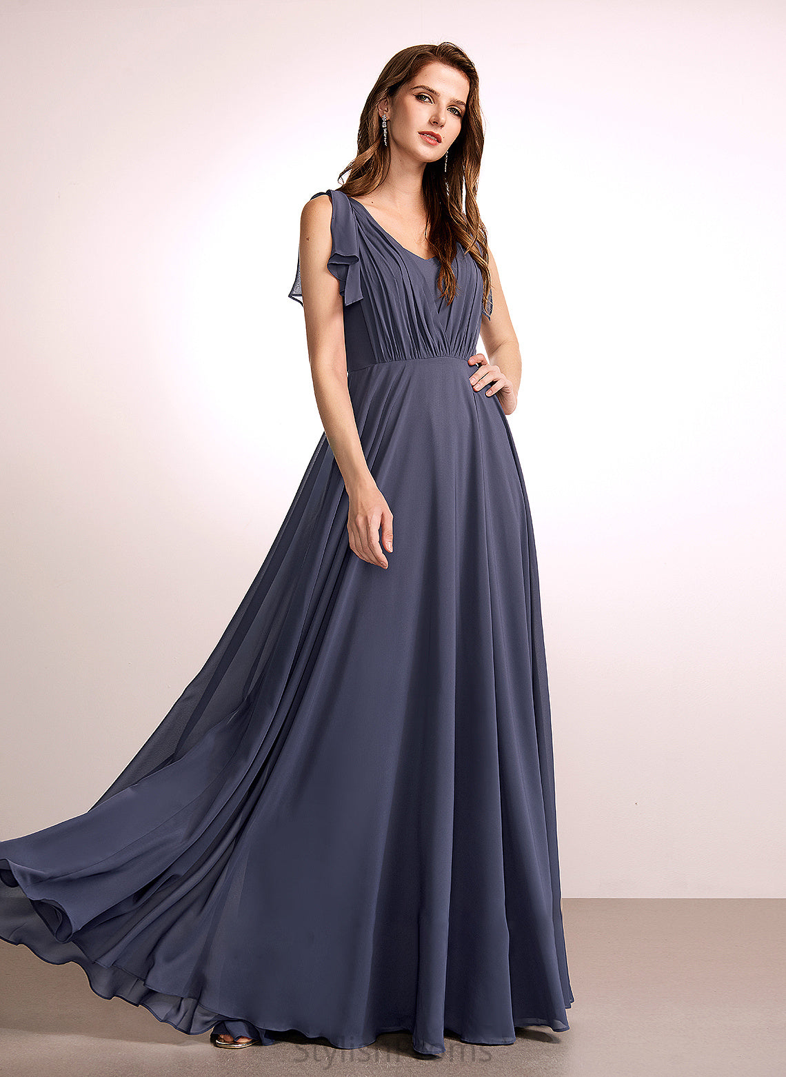 A-Line Ruffle Fabric V-neck Floor-Length Length Embellishment Silhouette Neckline Ana Trumpet/Mermaid Off The Shoulder Bridesmaid Dresses