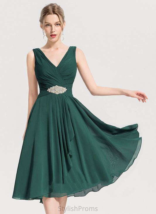 Knee-Length Aryana Cocktail Dresses Cascading Dress V-neck A-Line With Chiffon Beading Cocktail Ruffles