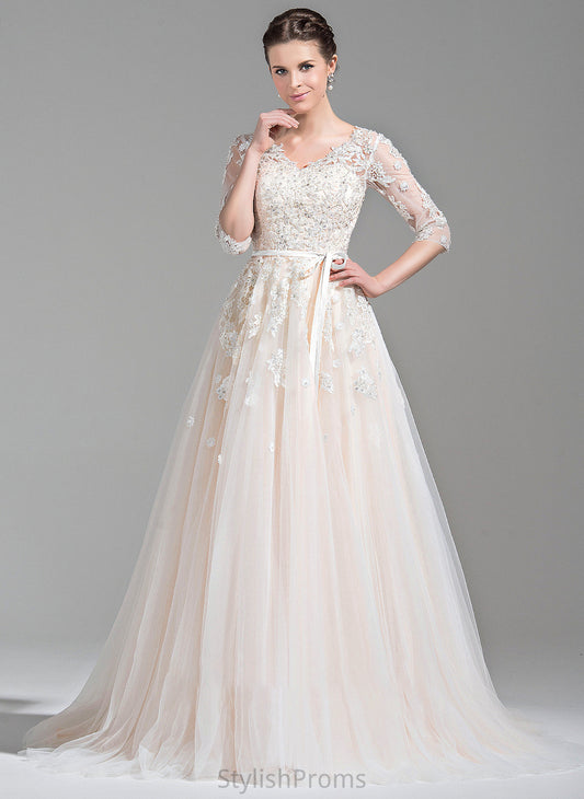 Lace Emery Beading Wedding With Ball-Gown/Princess Wedding Dresses Court Dress V-neck Appliques Tulle Train Sequins Bow(s)