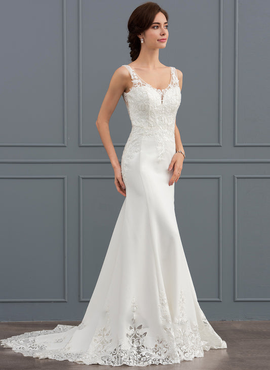 Trumpet/Mermaid Court V-neck Wedding Dresses Stretch Aliya With Crepe Sequins Dress Lace Wedding Train