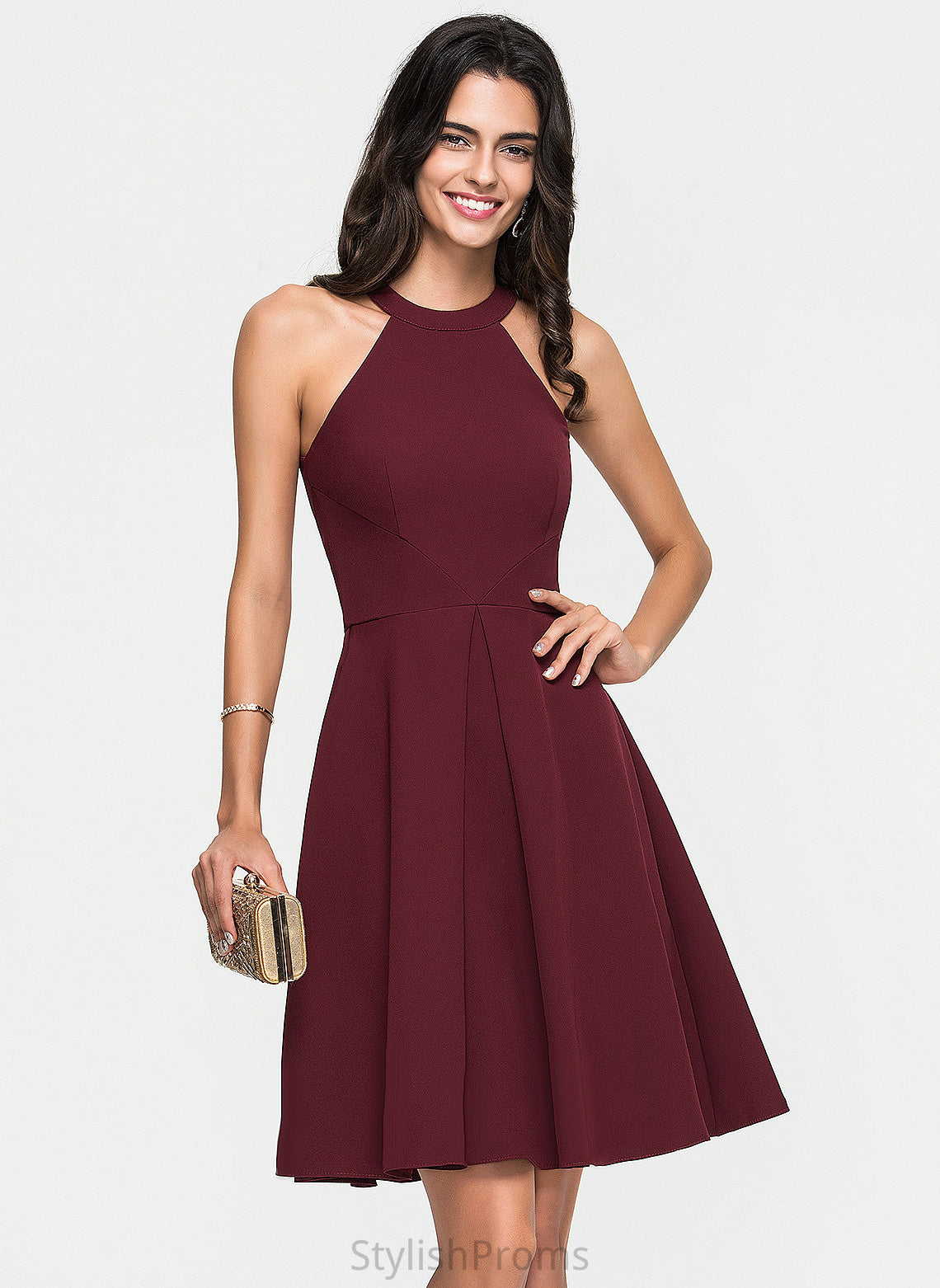 A-Line Crepe Knee-Length Cocktail Dress Cocktail Dresses Scoop Stretch Jordin Ruffle With Neck