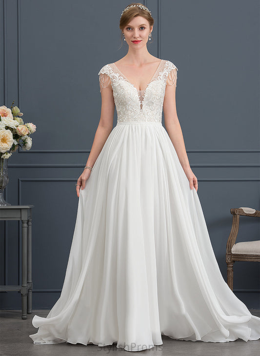 Janice Train With Sequins Lace Dress A-Line Sweep Wedding Dresses Beading V-neck Wedding Chiffon