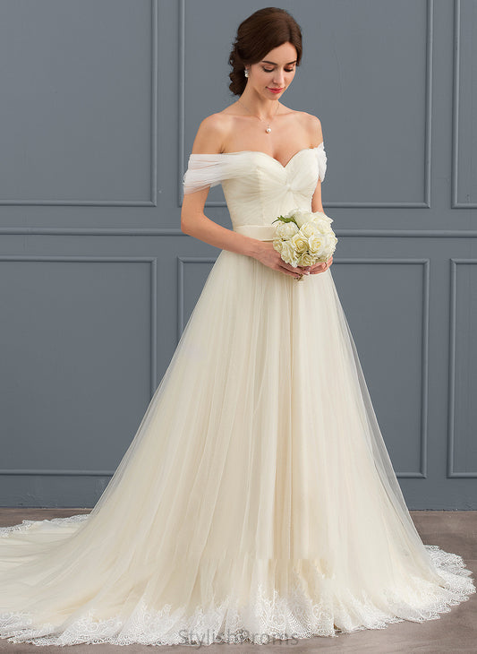 Lace Court Off-the-Shoulder Tulle Ball-Gown/Princess Wedding Dresses Ruffle Train With Dress Cecelia Wedding