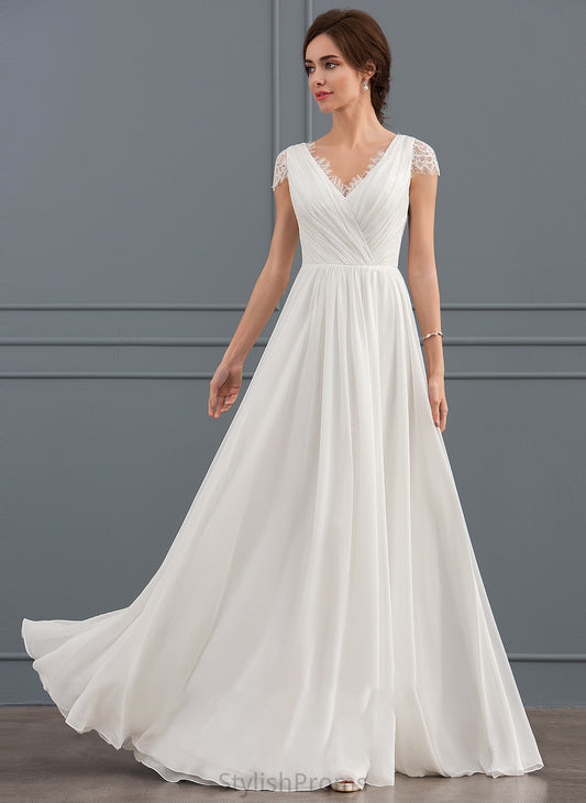 Elyse V-neck Wedding With Wedding Dresses Floor-Length Dress Ruffle A-Line Chiffon Lace