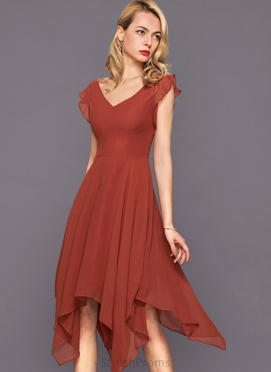 V-neck Chiffon Ruffles Dress Cocktail Dresses Asymmetrical A-Line Cascading Cocktail Alexandria With