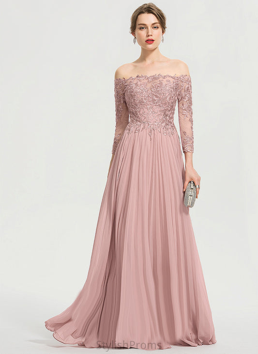 Sequins Ball-Gown/Princess Riley Off-the-Shoulder Pleated Floor-Length Lace Chiffon Prom Dresses With